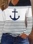 Loose Striped Anchor Casual V Neck Long Sleeve T-Shirt