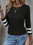 Crew Neck Basic Loose Casual Three Quarter Sleeve Striped T-Shirt