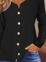 Plus Size V Neck Casual Loose Plain Long Sleeve Jersey Blouse With Buttons