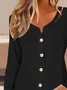 Plus Size V Neck Casual Loose Plain Long Sleeve Jersey Blouse With Buttons