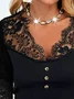 Sexy Lace Plain Regular Fit Elegant V Neck Long Sleeve T-Shirt