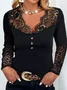 Sexy Lace Plain Regular Fit Elegant V Neck Long Sleeve T-Shirt