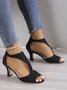 Black Suede Cutout Strap Peep Toe Mid Heel Sandals