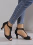 Black Suede Cutout Strap Peep Toe Mid Heel Sandals