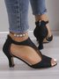 Black Suede Cutout Strap Peep Toe Mid Heel Sandals