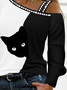 Loose One Shoulder Halloween Cat Casual Long Sleeve Shirt