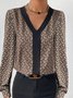 Vintage Geometric Casual Loose Color Block V Neck Long Sleeve Shirt