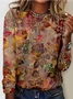 Women's Vintage Floral Print Casual Crew Neck H-Line Long Sleeve Shirt