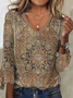 Mystery Mandala Printed Casual Loose Knitted Ethnic V Neck Flared Cuffs 3/4 Sleeve T-Shirt