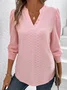 Plain Jacquard Casual Buckle Design V Neck H-Line Long Sleeve T-Shirt