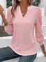 Plain Jacquard Casual Buckle Design V Neck H-Line Long Sleeve T-Shirt