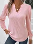 Plain Jacquard Casual Buckle Design V Neck H-Line Long Sleeve T-Shirt
