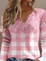 Classic Check Patchwork Casual Gradient Plaid Buttoned Notched Neck Long Sleeve T-Shirt