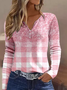 Classic Check Patchwork Casual Gradient Plaid Buttoned Notched Neck Long Sleeve T-Shirt