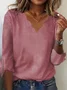 V Neck Plain Loose Ruffled Sleeves Casual T-Shirt