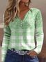 Classic Check Patchwork Casual Gradient Plaid Buttoned Notched Neck Long Sleeve T-Shirt