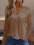 Plain Casual Jacquard Textured Knitted V-Neck H-Line Loose Long Sleeve T-Shirt