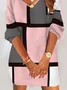 Plus Size Colorblock Jersey Loose Casual V Neck H-Line Long Sleeve T-Shirt Dress