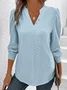 Plain Jacquard Casual Buckle Design V Neck H-Line Long Sleeve T-Shirt
