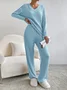 Plain V Neck Long Sleeve Top With Pants Loose Casual Two-Piece Set