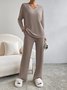 Plain V Neck Long Sleeve Top With Pants Loose Casual Two-Piece Set
