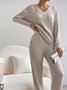 Plain V Neck Long Sleeve Top With Pants Loose Casual Two-Piece Set