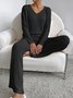 Plain V Neck Long Sleeve Top With Pants Loose Casual Two-Piece Set