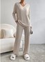Plain V Neck Long Sleeve Top With Pants Loose Casual Two-Piece Set