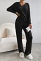 Plain V Neck Long Sleeve Top With Pants Loose Casual Two-Piece Set