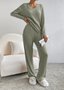 Plain V Neck Long Sleeve Top With Pants Loose Casual Two-Piece Set