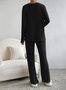 Plain V Neck Long Sleeve Top With Pants Loose Casual Two-Piece Set