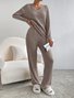 Plain V Neck Long Sleeve Top With Pants Loose Casual Two-Piece Set