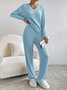 Plain V Neck Long Sleeve Top With Pants Loose Casual Two-Piece Set