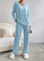 Plain V Neck Long Sleeve Top With Pants Loose Casual Two-Piece Set
