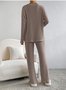 Plain V Neck Long Sleeve Top With Pants Loose Casual Two-Piece Set