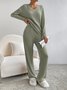 Plain V Neck Long Sleeve Top With Pants Loose Casual Two-Piece Set