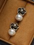 Elegant Camellia Natural Pearl Rhinestone Stud Earrings