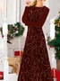 Christmas Geometric Printed Crew Neck Casual Loose A-Line Long Sleeve Midi Dress