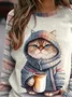 Cat Print Daily Casual Loose Crew Neck H-Line Striped Long Sleeve Sweatshirt