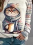 Cat Print Daily Casual Loose Crew Neck H-Line Striped Long Sleeve Sweatshirt