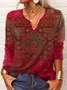 Plus Size Vintage Ethnic Print Casual Jersey Loose Notched Neck H-Line Long Sleeve T-Shirt