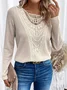 Lace Crochet Design Daily Plain Casual Crew Neck Loose H-Line Long Sleeve T-Shirt