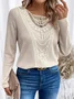 Plus Size Lace Crochet Design Loose Daily Casual Plain Crew Neck H-Line Long Sleeve T-Shirt