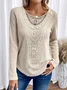 Lace Crochet Design Daily Plain Casual Crew Neck Loose H-Line Long Sleeve T-Shirt