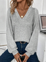 V Neck Plain Loose Daily Casual H-Line Long Sleeve T-Shirt