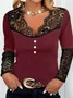 Sexy Lace Plain Regular Fit Elegant V Neck Long Sleeve T-Shirt