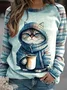 Plus Size Cat Print Casual Loose Crew Neck H-Line Striped Long Sleeve Sweatshirt