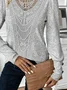 Lace Crochet Design Casual Knitted Crew Neck Plain H-Line Long Sleeve T-Shirt