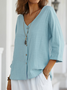 V Neck Cotton-Blend Linen Plain Blouse