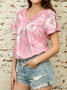 Cotton Floral V Neck Casual Loose H-Line Short Sleeve T-Shirt